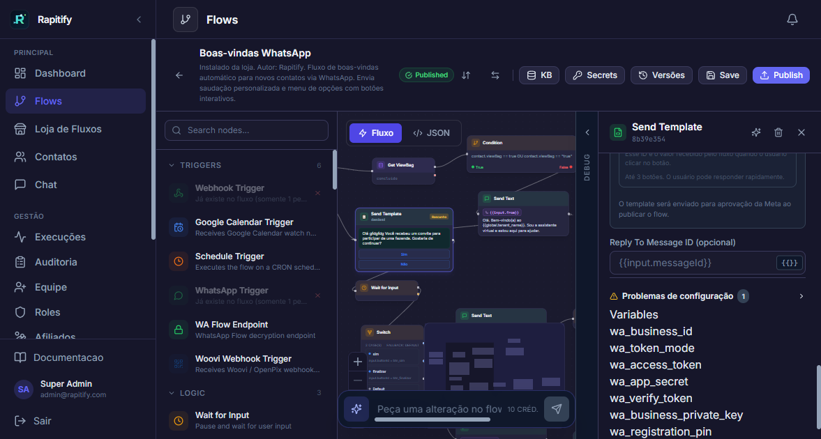 Tela oficial do editor de flows com navegacao lateral